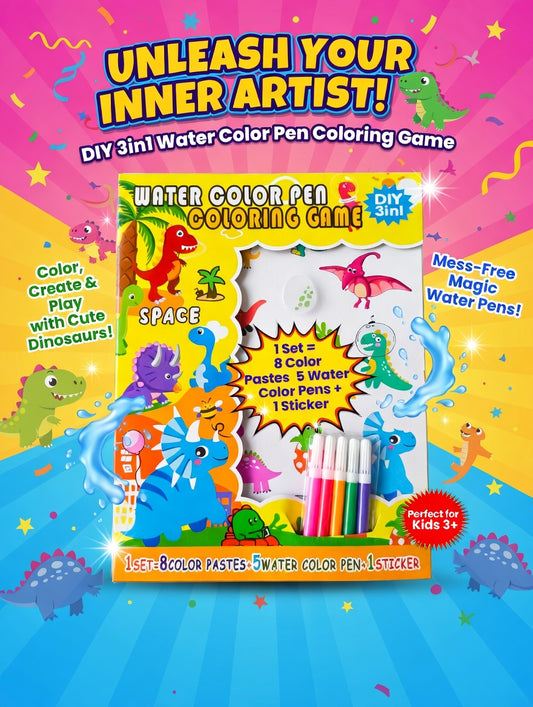 DIY 3in1 Water Color Pen Coloring Game – Mess-Free Magic Water Pens with Cute Dinosaurs