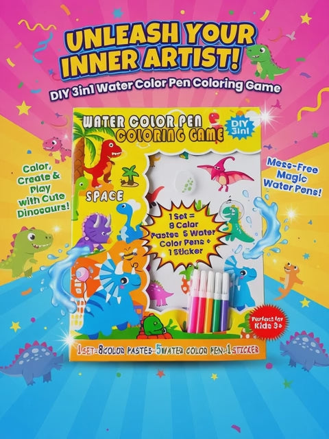 DIY 3in1 Water Color Pen Coloring Game – Mess-Free Magic Water Pens with Cute Dinosaurs